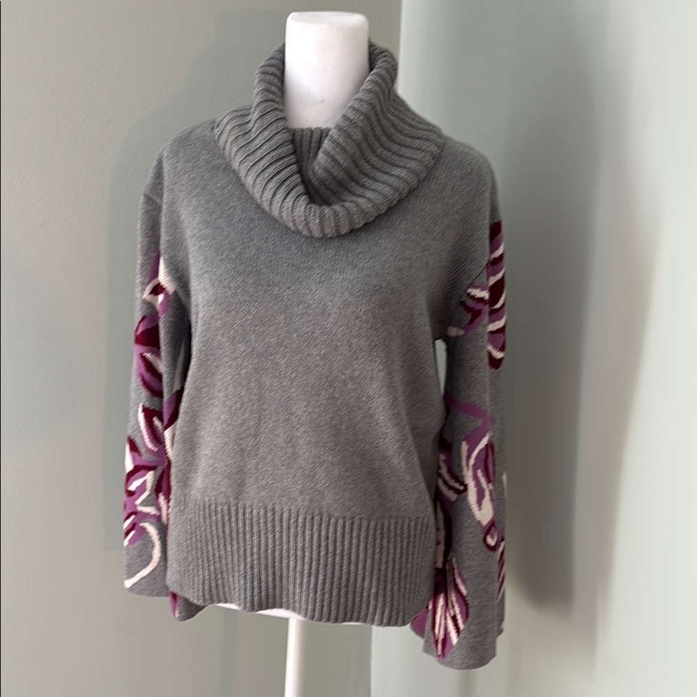 Elegant Gray CAbi Cowl Neck Sweater with Floral Design
